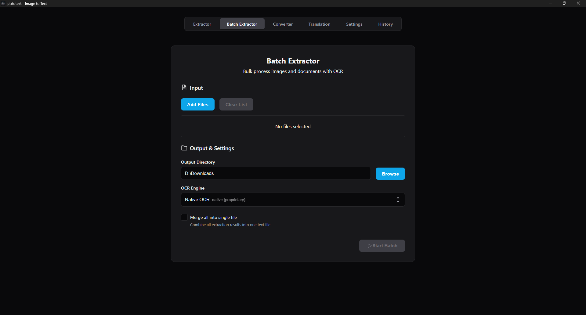 Pixtotext batch extractor screen with files ready for OCR.