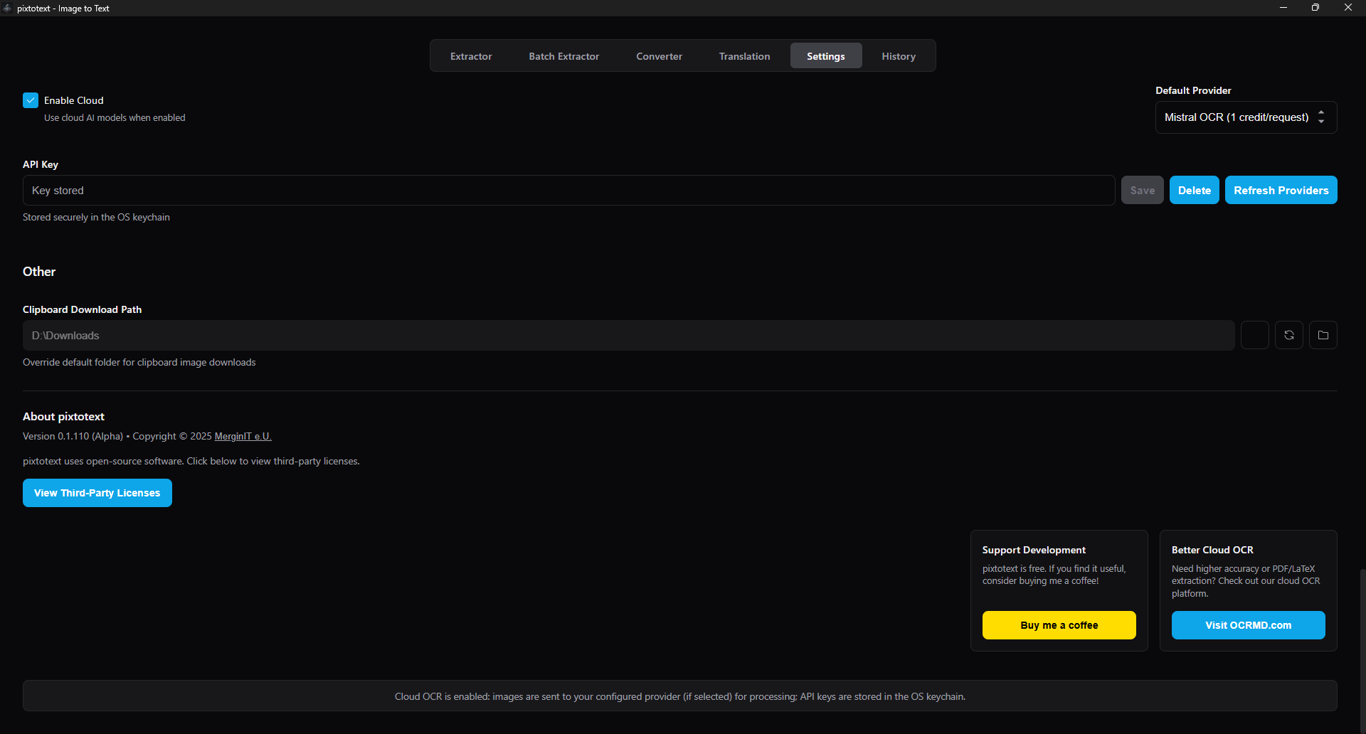 Pixtotext settings screen showing OCR engine configuration.